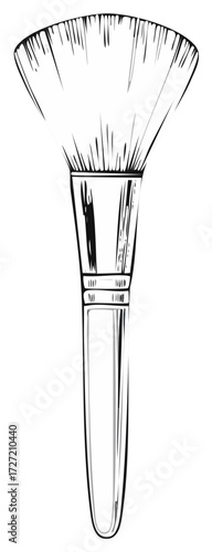 Black and white sketch illustration of a fan makeup brush for cosmetics and beauty application