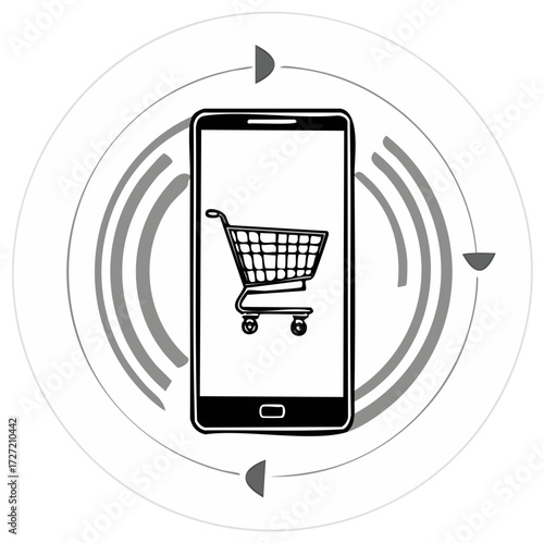 Shopping Cart on Smartphone for Online Sales and E Commerce with Circle Arrows in Grey on White Background