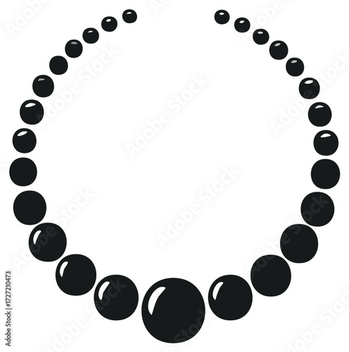 Black necklace of glossy round beads on white background illustration.