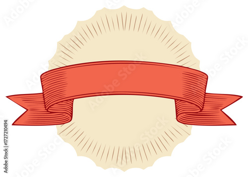 Vintage Style Blank Red Ribbon Banner Label on Beige Scalloped Sunburst Design