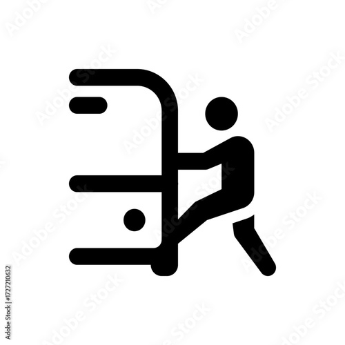 A simple black and white icon depicting a person pushing a large cabinet or storage unit with handles design