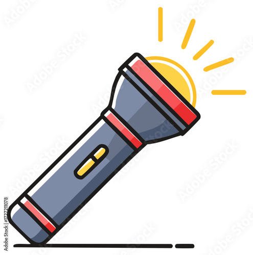 Illuminating Illustration of a Gray and Red Flashlight with Shining Yellow Light Rays against a White Background