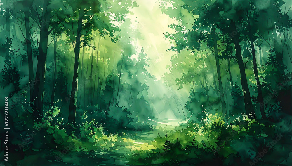 Obraz premium Rich watercolor abstract wash in deep forest green tones with natural brush stroke variation