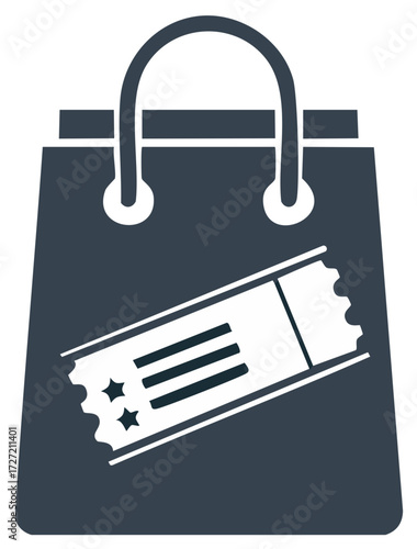 Digital shopping bag icon with event ticket or discount coupon for online purchases