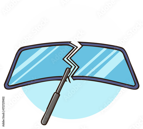 Damaged windshield cracked in half with a car wiper over a light blue background