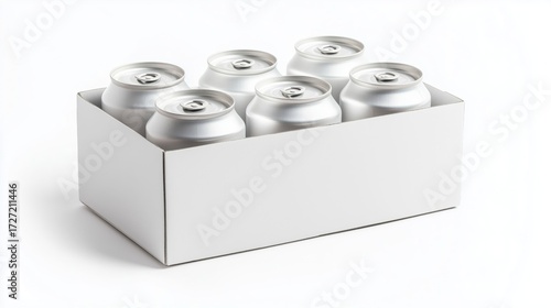 Six blank 12 oz aluminum soda or beer cans in a plain white cardboard six-pack box on a white background. Mockup template.