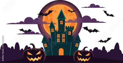 Spooky halloween castle with pumpkins and bats under a full moon night