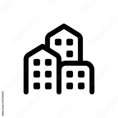 Illustration of three buildings with rounded corners and square windows in a simple black and white style