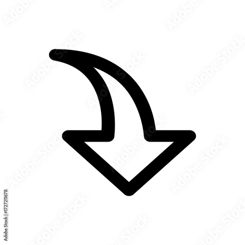 A downward pointing arrow with a curved tail indicating direction and navigation in a simple design style