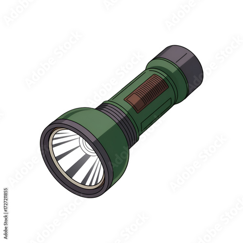 Green Flashlight with Brown Accents on Black Background torch beam