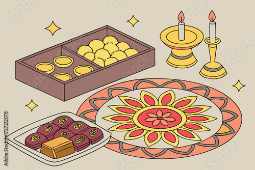  hindu festival elements, puja tray with colorful flowers, candles, indian sweets, decorative diyas, brass idols, diwali or ganesh chaturthi celebrations, intricate rangoli patterns, vibrant colors a