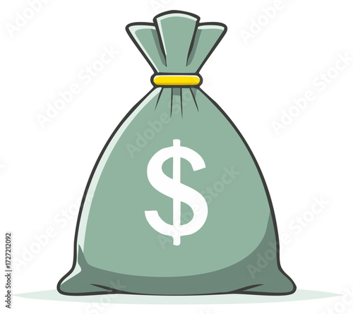 Cartoon illustration of a green money bag with the dollar symbol