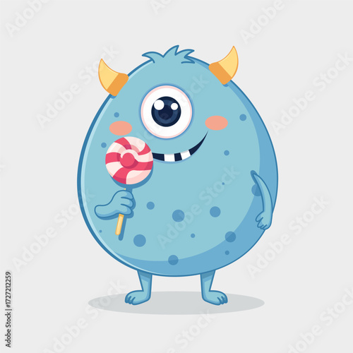 Cute blue one-eyed monster with yellow horns and lollipop — cartoon character on gray background, fun vector for kids, packaging, branding, and design. EPS 10