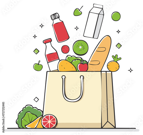 Illustration of a grocery bag overflowing with fresh food and beverages