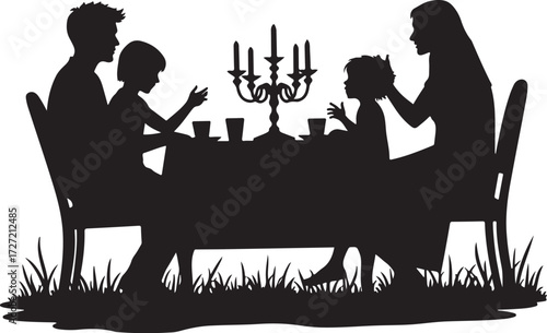 Silhouette family at a table with candelabra and tea cups