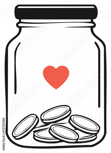 Glass jar with coins and a red heart for donation fundraising concept