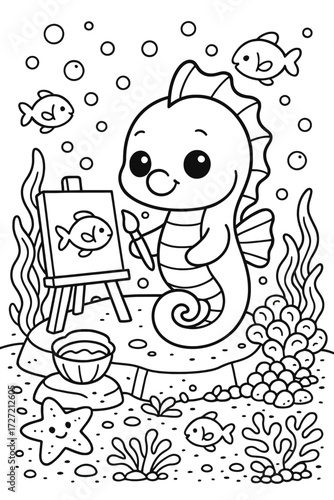 Cute seahorse artist painting fish underwater scene with bubbles and plants