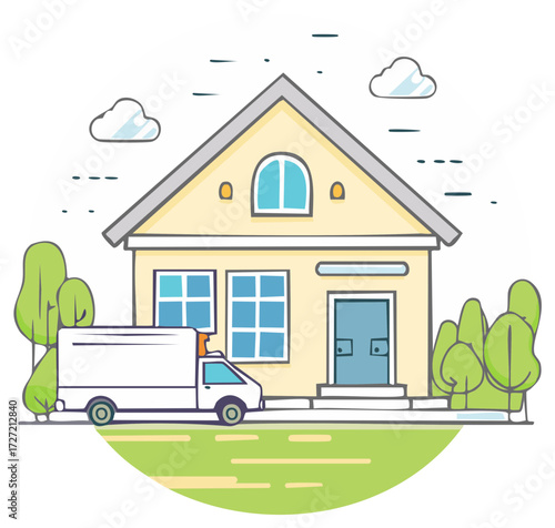 Delivery van approaching house with trees, clouds, and green lawn with simple flat illustration style