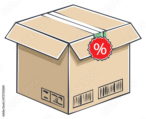 Open Cardboard Box with Discount Label, Package Delivery Promotion