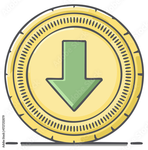 Green Arrow Pointing Down in a Yellow Coin Illustration for Download Icon
