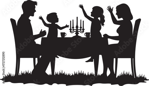 Silhouette family at dining table with candelabra vector