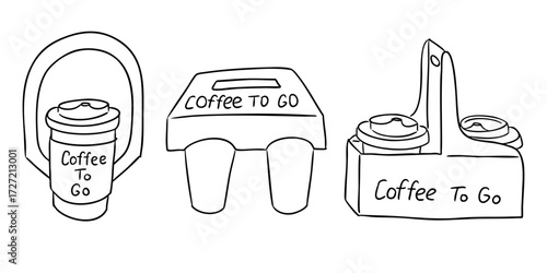 Hand drawn vector illustration of takeaway coffee cups and carriers with text coffee to go. Concept of fast beverage service and urban lifestyle