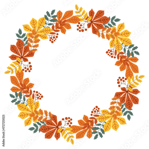 Hand drawn vector wreath made of chestnut and rowan leaves with berries in autumn colors. Concept of seasonal decoration, nature frame and festive design with copy space