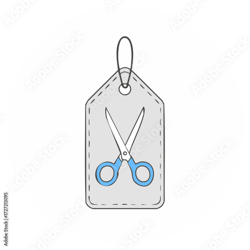 Scissors icon on price tag for retail and sewing concepts, sketch illustration, handmade look, sales or fashion promotion