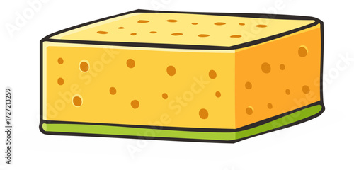 Cartoon illustration of a yellow and green kitchen cleaning sponge