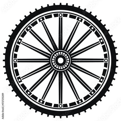 Stylized traditional wheel design with rugged tire tread and spokes