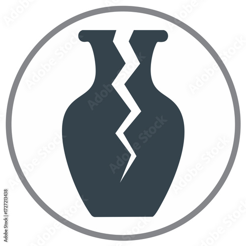 Broken vase or urn within a circle featuring prominent crack and dark silhouette against a white background.