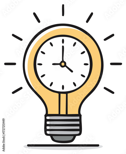 Time management concept showing clock face in lightbulb indicating the idea of timely innovation and solutions
