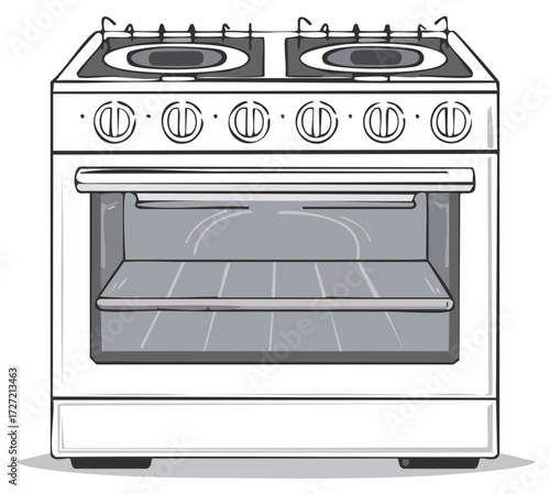 Hand drawn vector illustration of a white electric kitchen range with an open oven