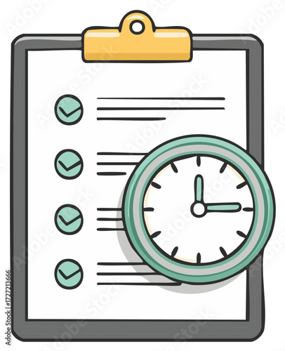 Clipboard checklist with green checkmarks and a clock, managing time and to-do's, project management concept