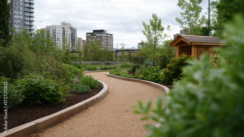 Urban green corridor with winding walking paths, native shrubs, and birdhouses, climate change solution, environmental policies promoting eco-friendly urban sustainability, green i