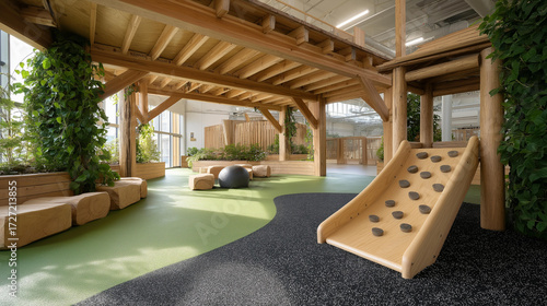 Eco-friendly daycare with green play areas of recycled rubber and wooden climbers, climate change solution, environmental policies promoting sustainable education, eco-friendly rec