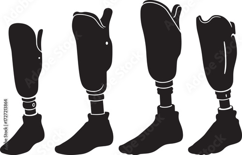 Four different prosthetic legs displayed in a clear silhouette style