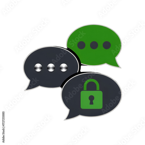 Three speech bubbles with security lock and dots on black background chat message