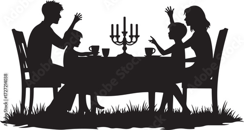 Silhouette family gathered at a table with tea cups and candelabra