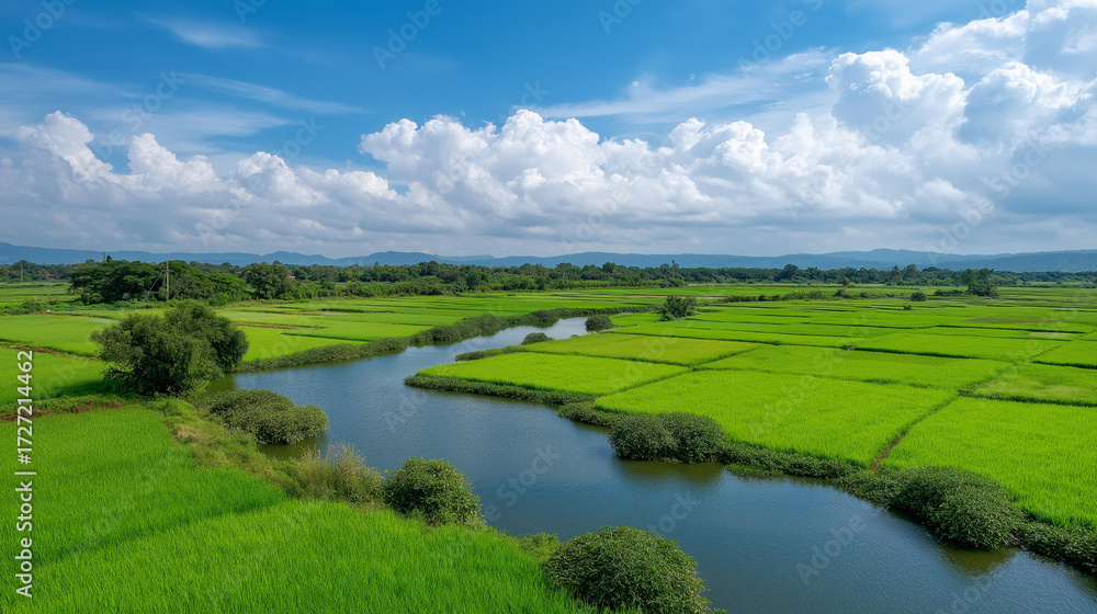 Obraz premium Sustainable rice fields with water recycling channels, lotus plants, and fish ponds, climate change solution, environmental policies enforcing eco-friendly agriculture, green farmi