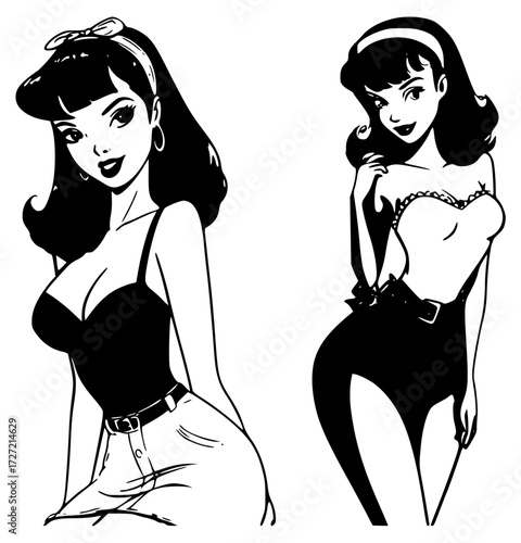 Vector illustration of cute pin-up girls in elegant outfits