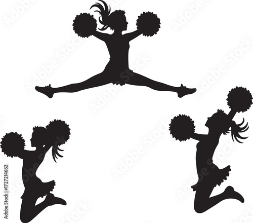 Three black silhouette cheerleaders in dynamic poses with pom poms