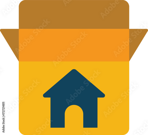 Open cardboard box with house symbol on yellow side brown