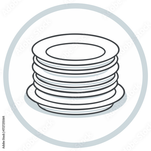 Stack of Clean Plates in Circle Border Simple Line Art Illustration