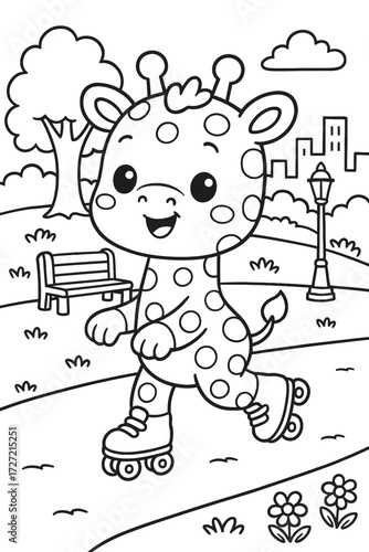 Playful giraffe on roller skates enjoying a sunny day in the park vector