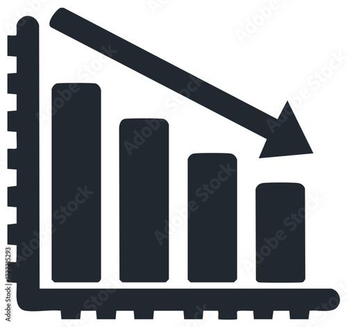 Downward trending bar graph with arrow, loss and recession concept.