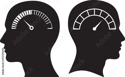 Two human head silhouettes with gauges inside representing thought processes silhouette