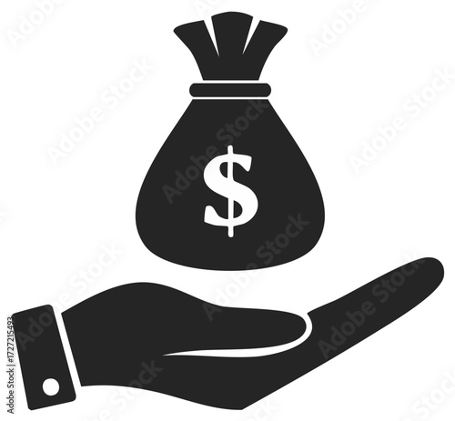 Hand holding a money bag with dollar symbol representing finance, wealth, investment, savings, or charity