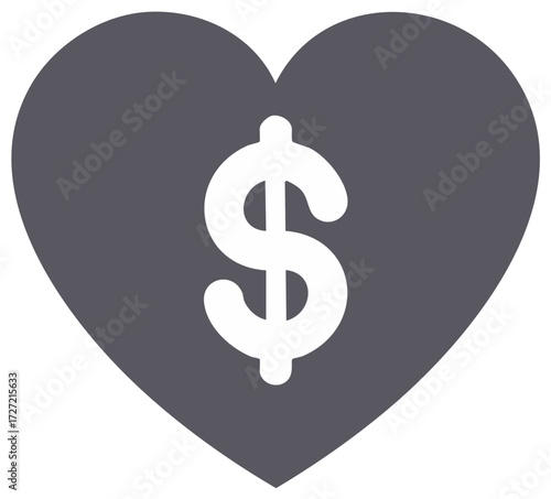 Gray heart icon with a white dollar sign symbol for charity and finance
