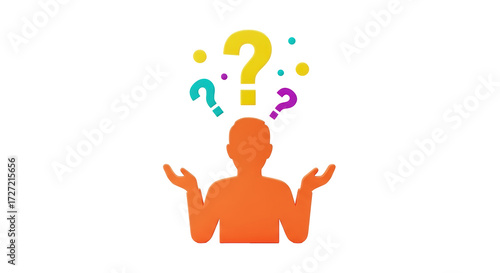 Isolated figure with open hands, facing dilemmas, colorful question marks float above head